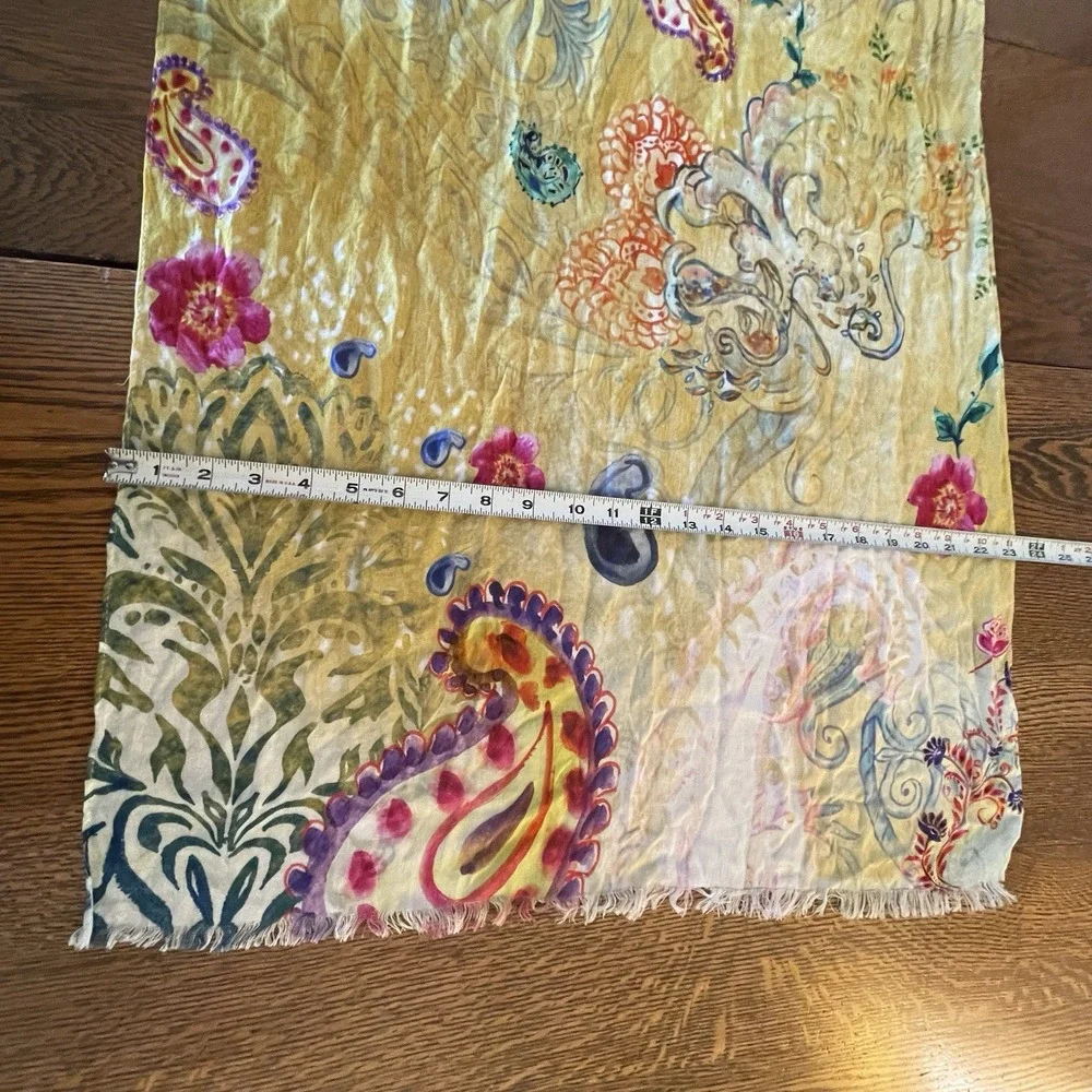 Chico's Floral Paisley Square Scarf Sheer Raw Hem Yellow Multi-Color Lightweight